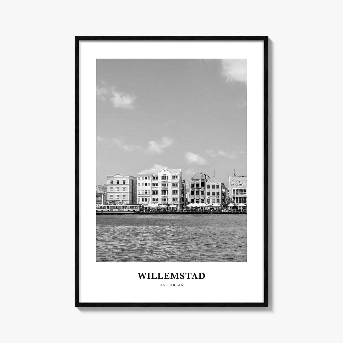Willemstad black & white classic poster of Curaçao – vertical wall art, unframed print shown in interior mockup