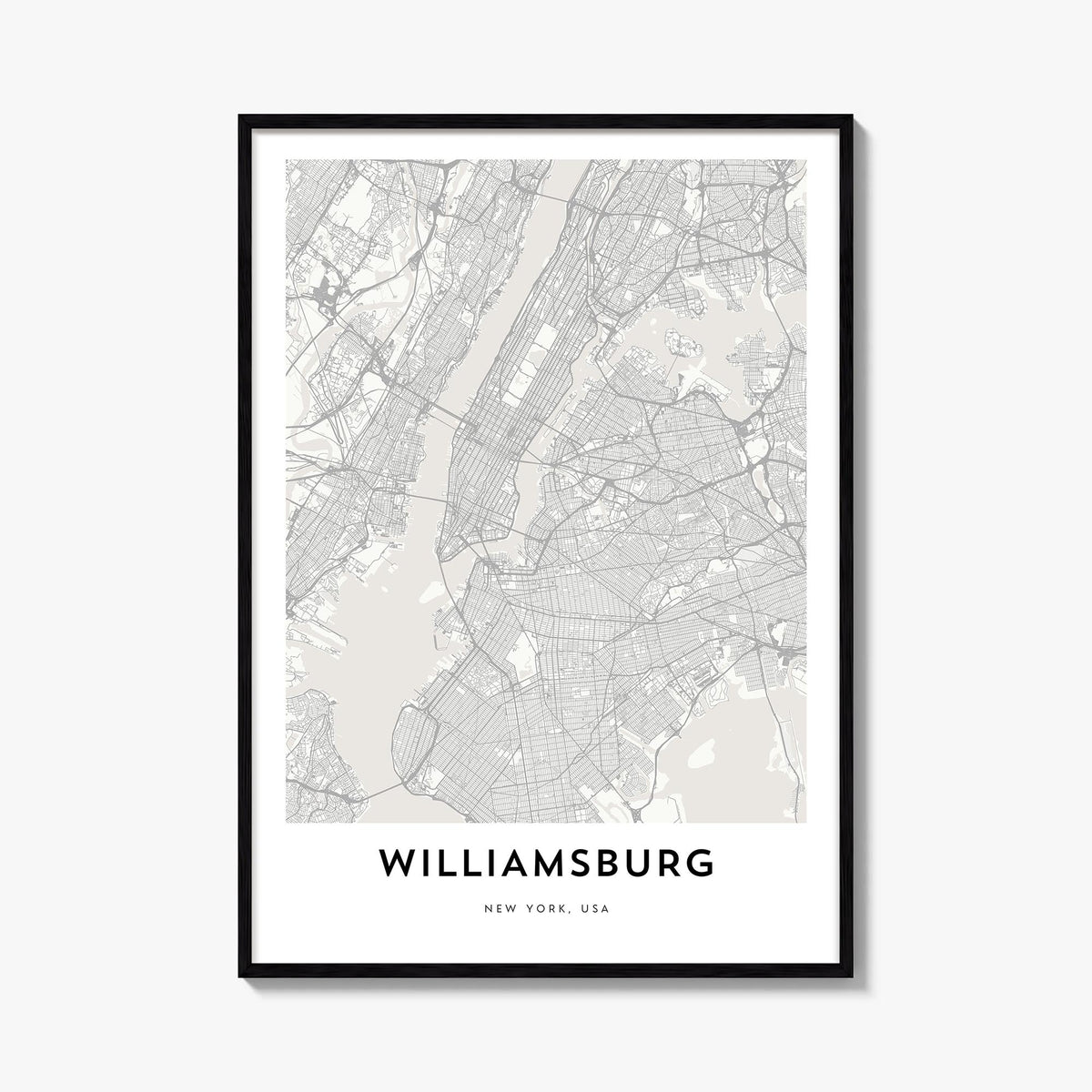 Williamsburg, New York black & white map poster of New York, USA – vertical wall art, unframed print shown in interior mockup