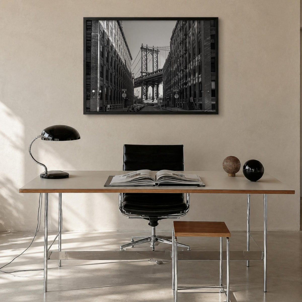 Williamsburg, New York black & white photo poster of New York, USA – horizontal wall art in black wood frame, hanging on wall