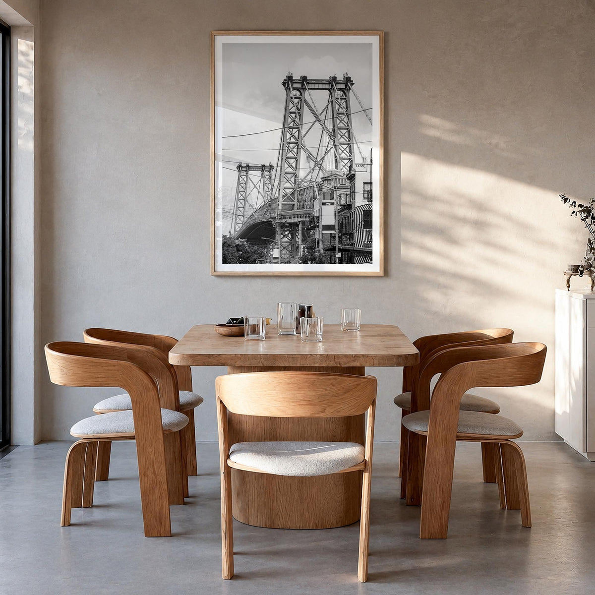 Williamsburg, New York black & white photo poster of New York, USA – vertical wall art in natural wood frame with white borde