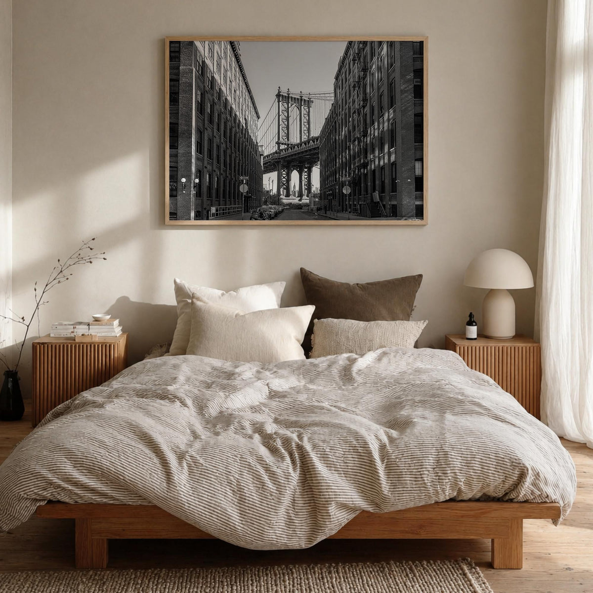 Williamsburg, New York black & white photo poster of New York, USA – horizontal wall art in natural wood frame, hanging on wa