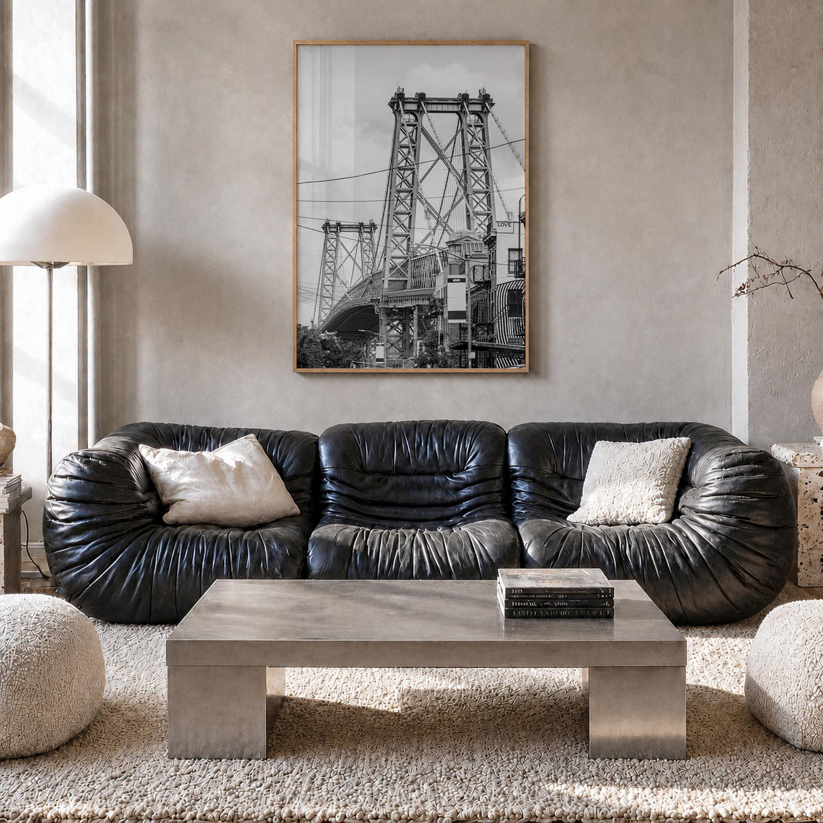 Williamsburg, New York black & white photo poster of New York, USA – vertical wall art in natural wood frame, hanging on wall
