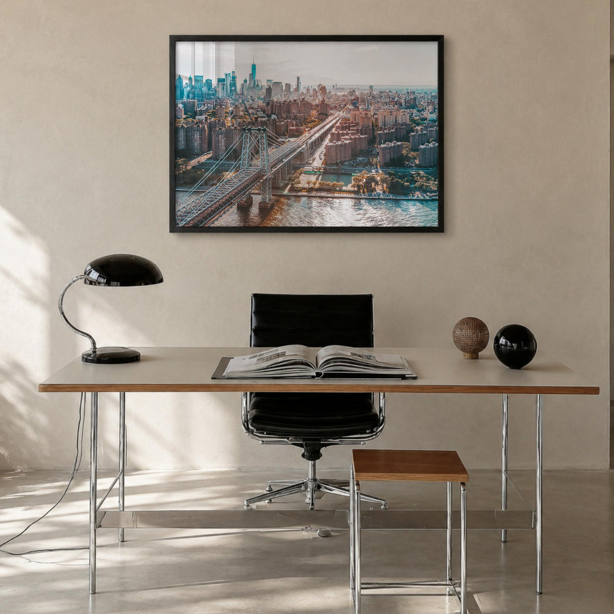 Williamsburg, New York colorful photo poster of New York, USA – horizontal wall art in black wood frame, hanging on wall