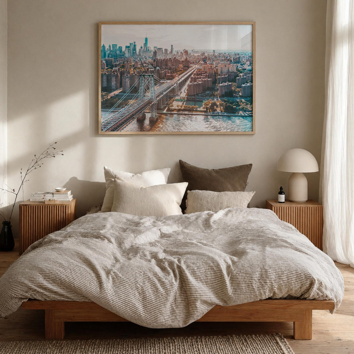 Williamsburg, New York colorful photo poster of New York, USA – horizontal wall art in natural wood frame, hanging on wall