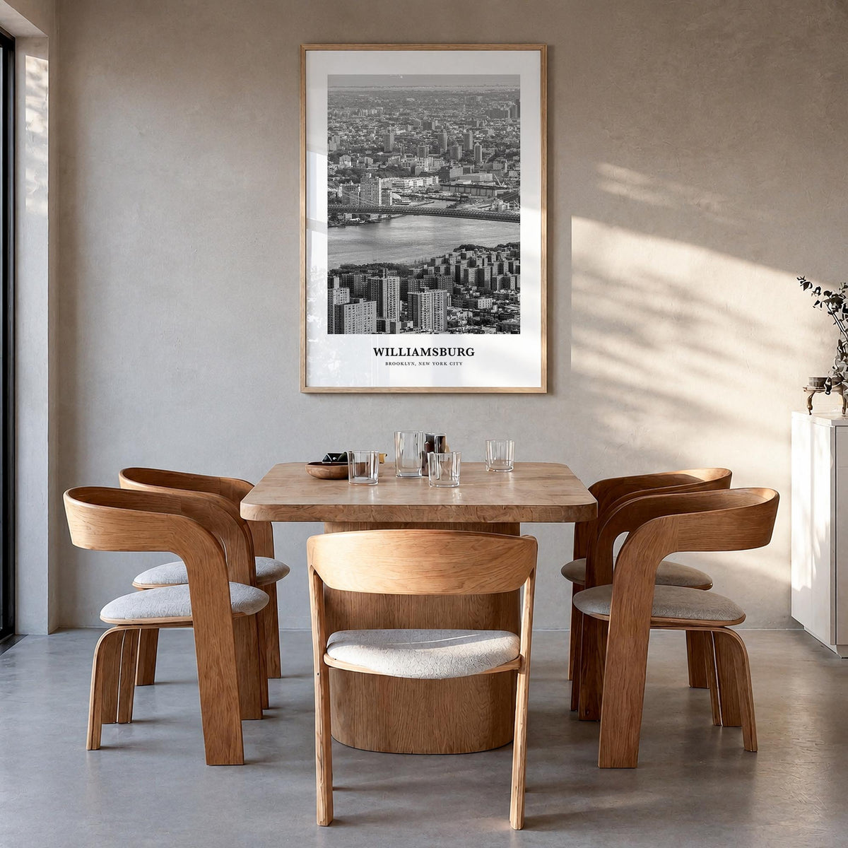 Williamsburg, New York no. 1 black & white classic poster of New York, USA – vertical wall art in natural wood frame, hanging