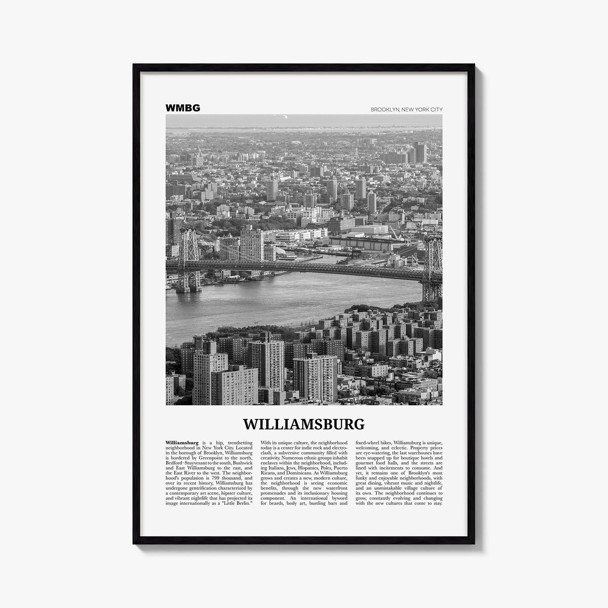 Williamsburg, New York no. 1 black & white newspaper poster of New York, USA – vertical wall art, unframed print shown in int