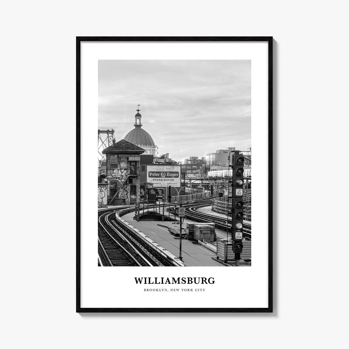 Williamsburg, New York no. 2 black & white classic poster of New York, USA – vertical wall art, unframed print shown in inter