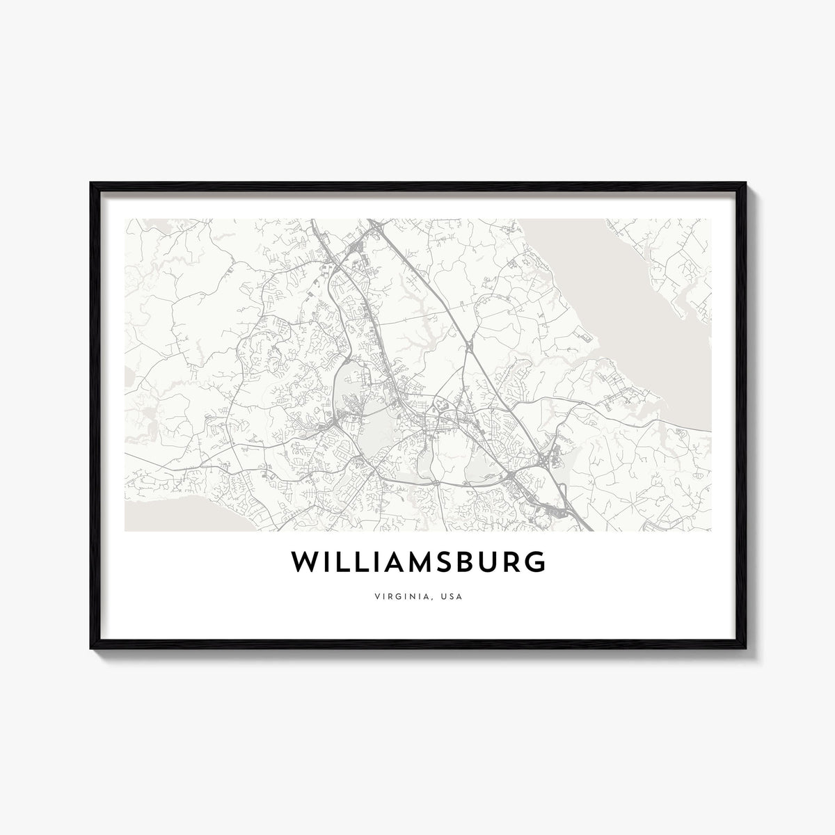 Williamsburg, Virginia black & white map poster of Virginia, USA – horizontal wall art, unframed print shown in interior mock