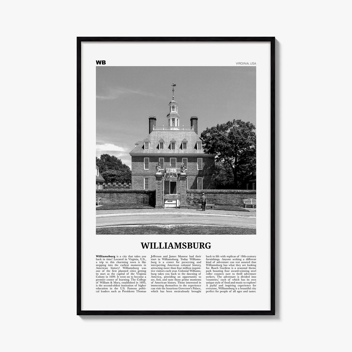 Williamsburg, Virginia black & white newspaper poster of Virginia, USA – vertical wall art, unframed print shown in interior