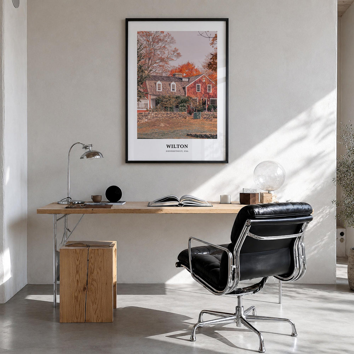 Wilton colorful classic poster of Connecticut, USA – vertical wall art in black wood frame, hanging on wall