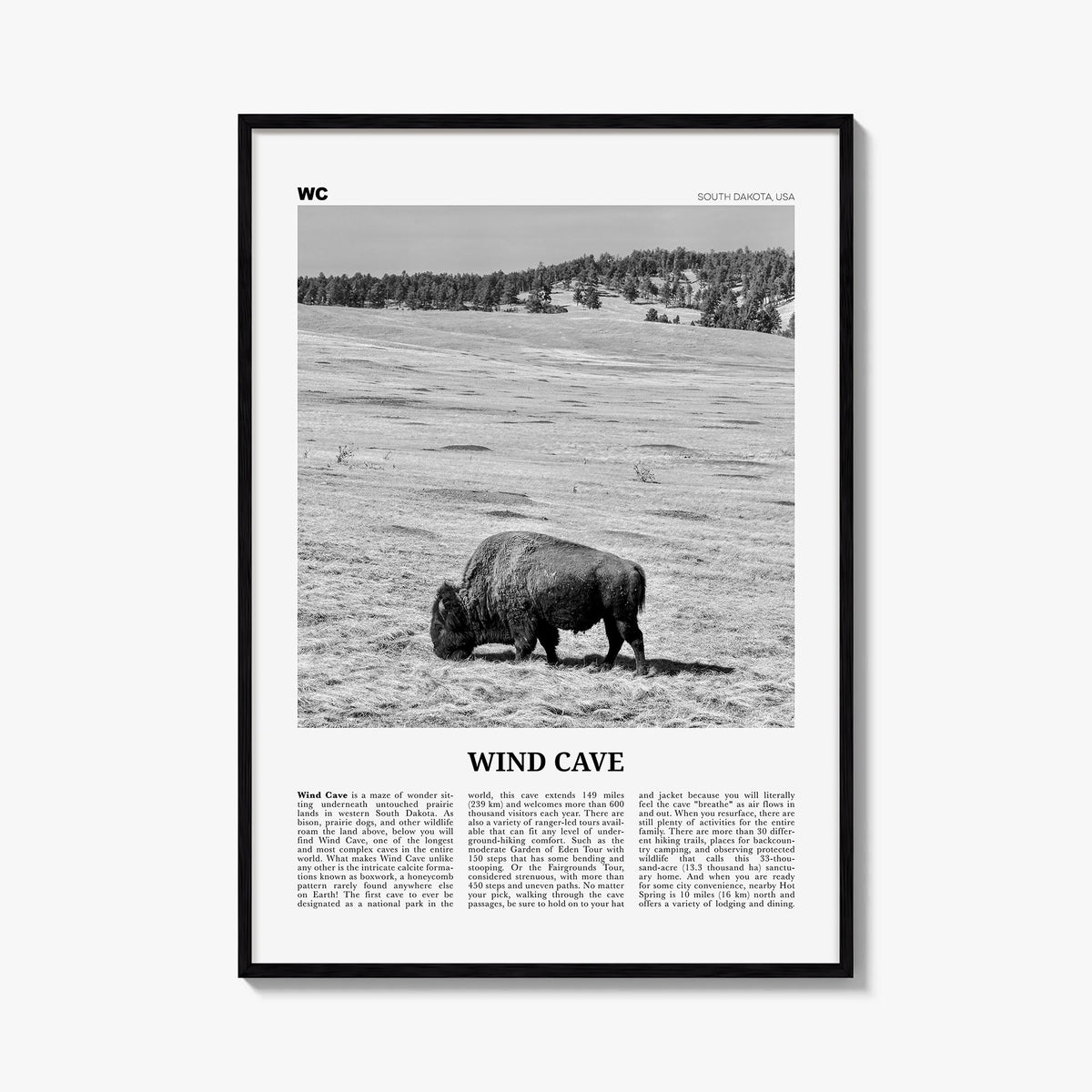 Wind Cave National Park black & white newspaper poster of South Dakota, USA – vertical wall art, unframed print shown in inte