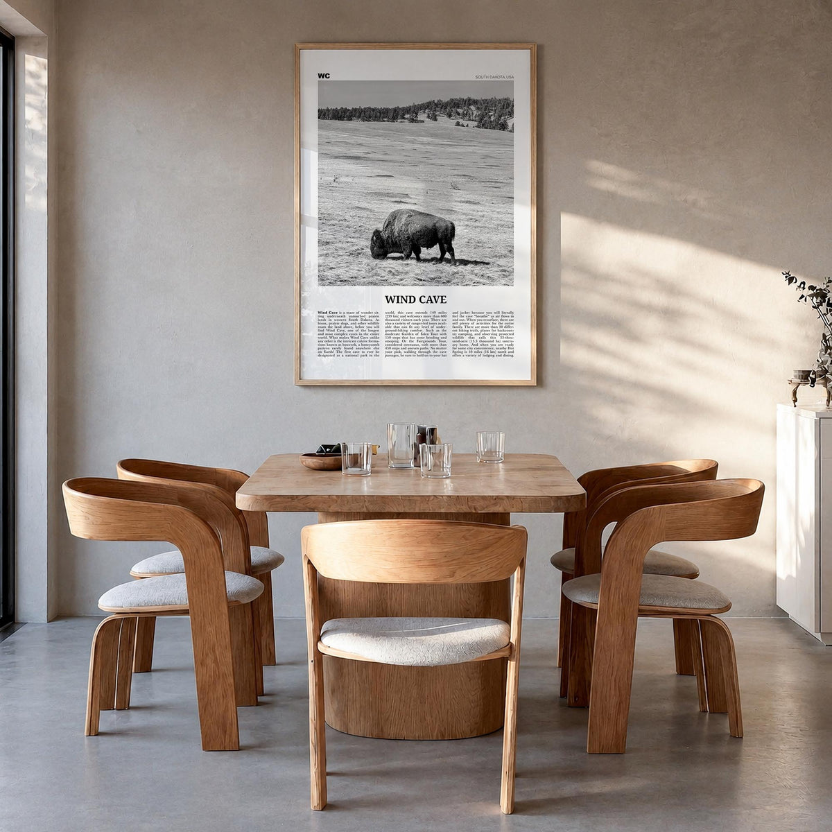 Wind Cave National Park black & white newspaper poster of South Dakota, USA – vertical wall art in natural wood frame, hangin