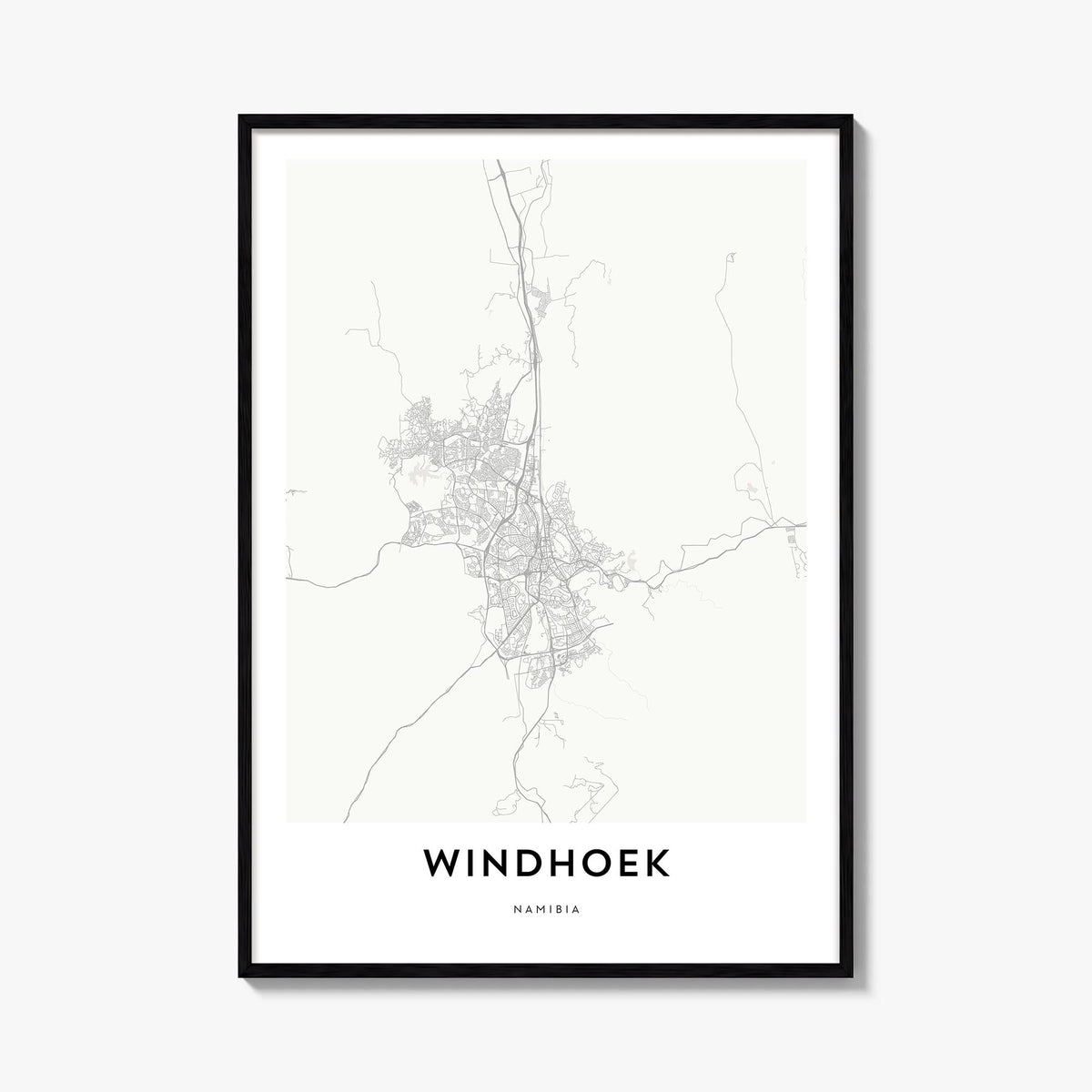Windhoek black & white map poster of Namibia – vertical wall art, unframed print shown in interior mockup