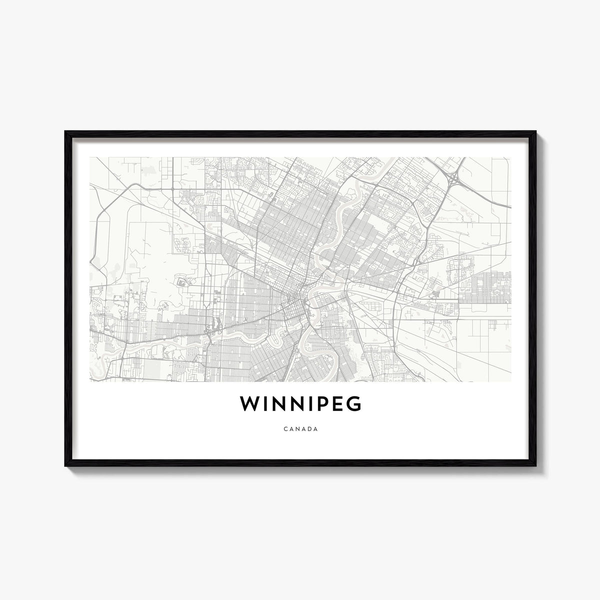 Winnipeg black & white map poster of Manitoba, Canada – horizontal wall art, unframed print shown in interior mockup