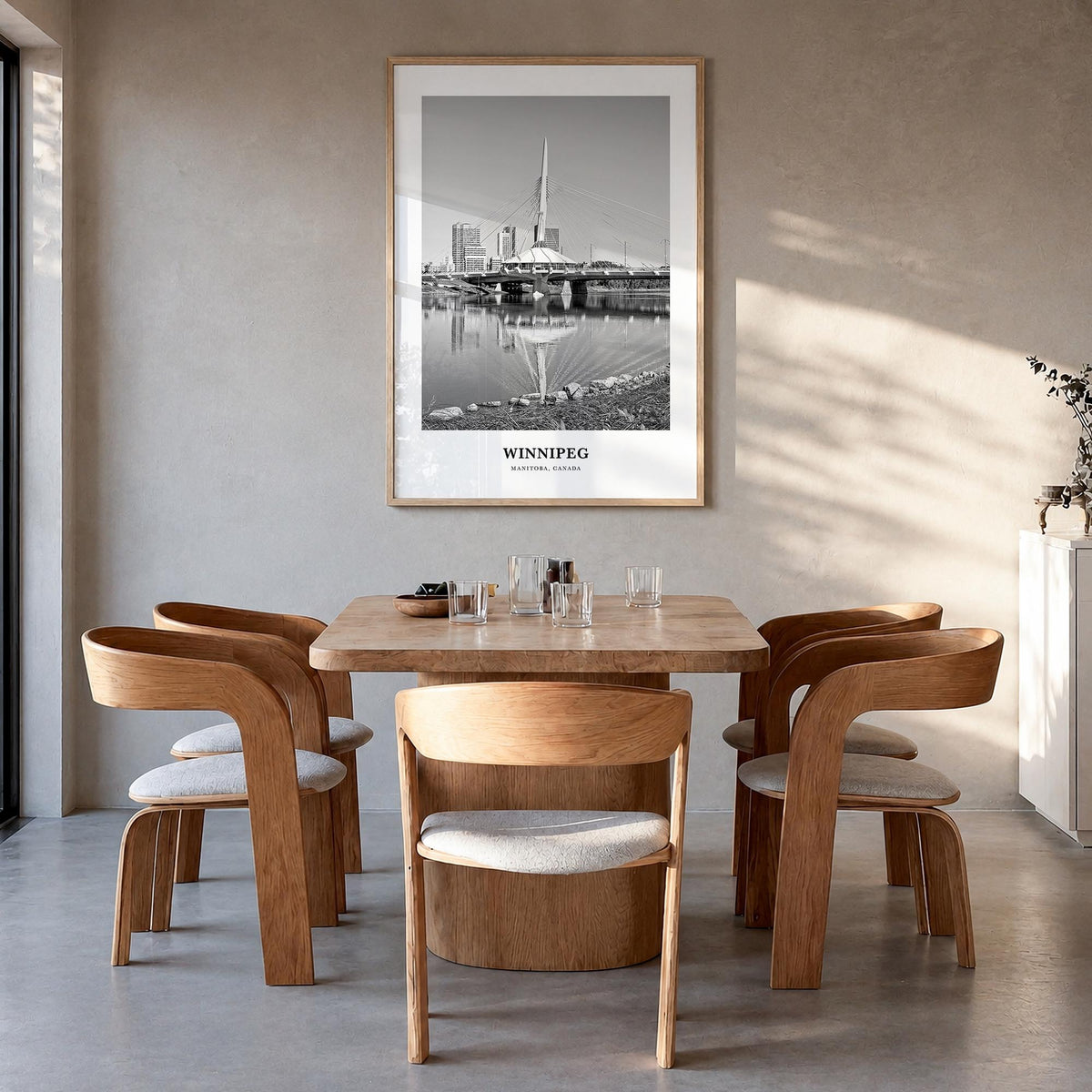 Winnipeg no. 2 black & white classic poster of Manitoba, Canada – vertical wall art in natural wood frame, hanging on wall