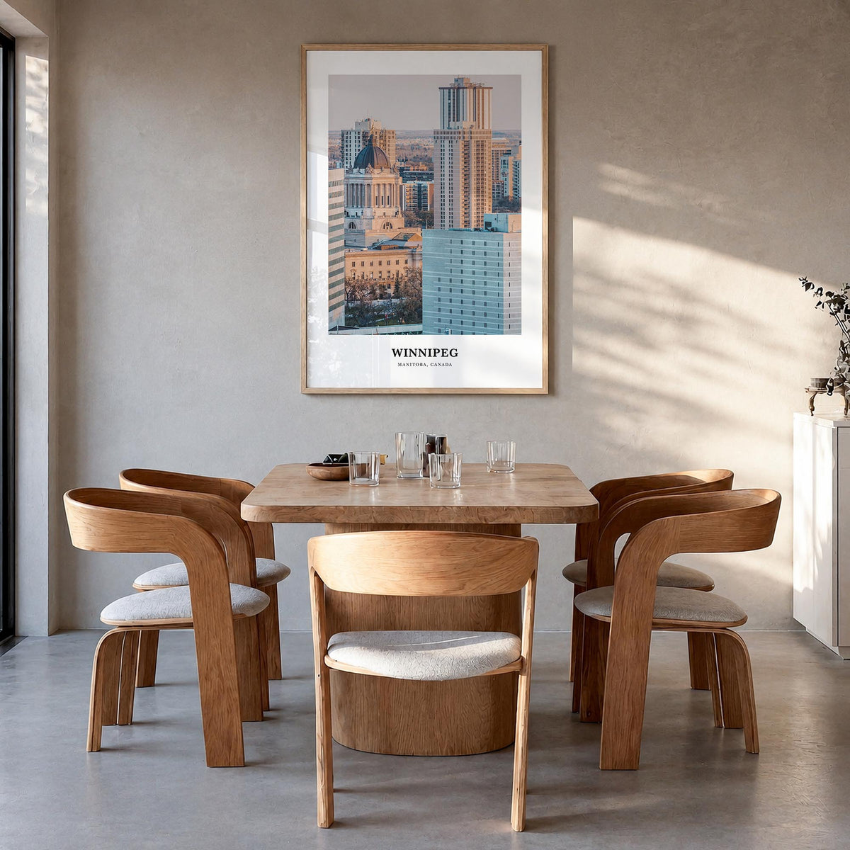 Winnipeg no. 2 colorful classic poster of Manitoba, Canada – vertical wall art in natural wood frame, hanging on wall