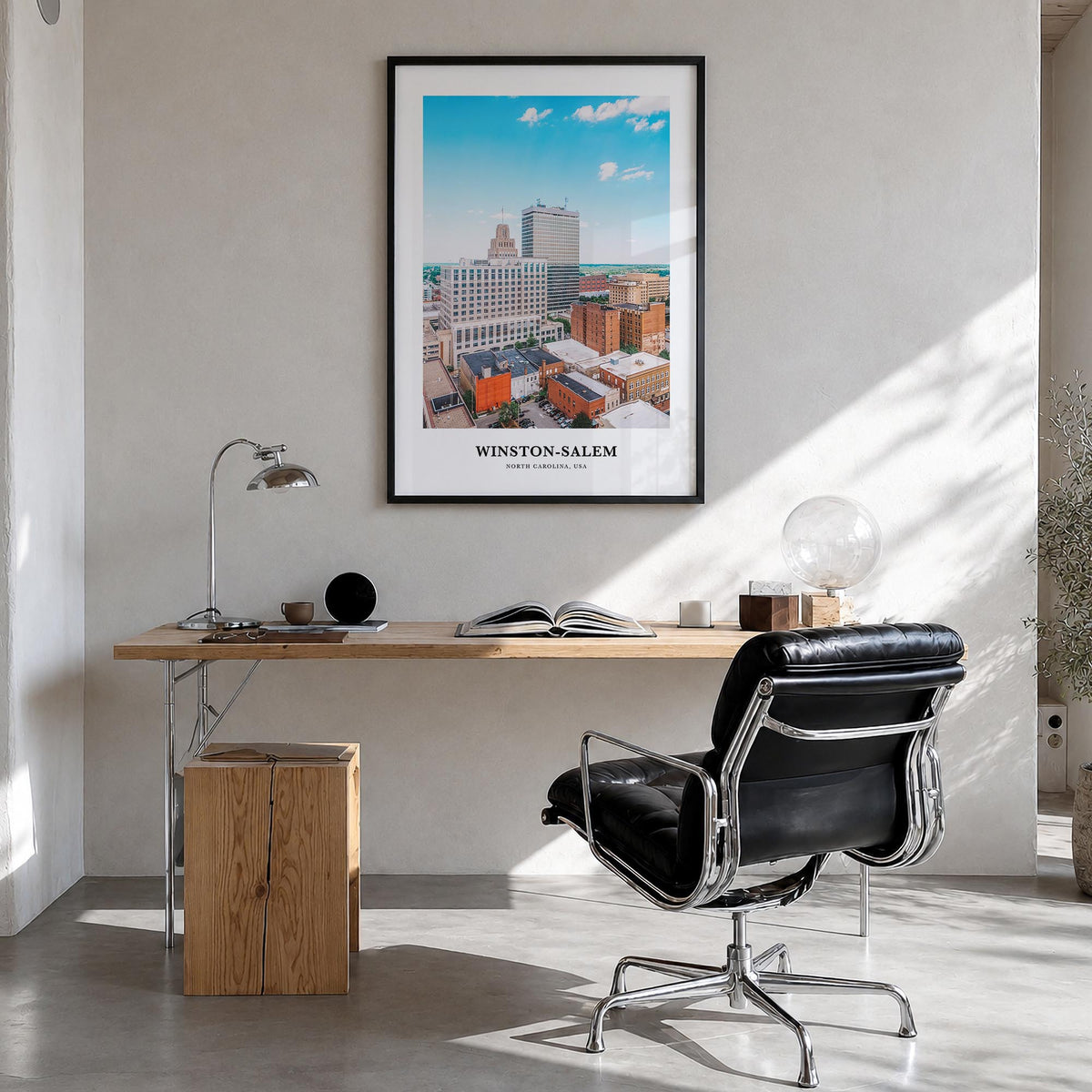 Winston-Salem colorful classic poster of North Carolina, USA – vertical wall art in black wood frame, hanging on wall
