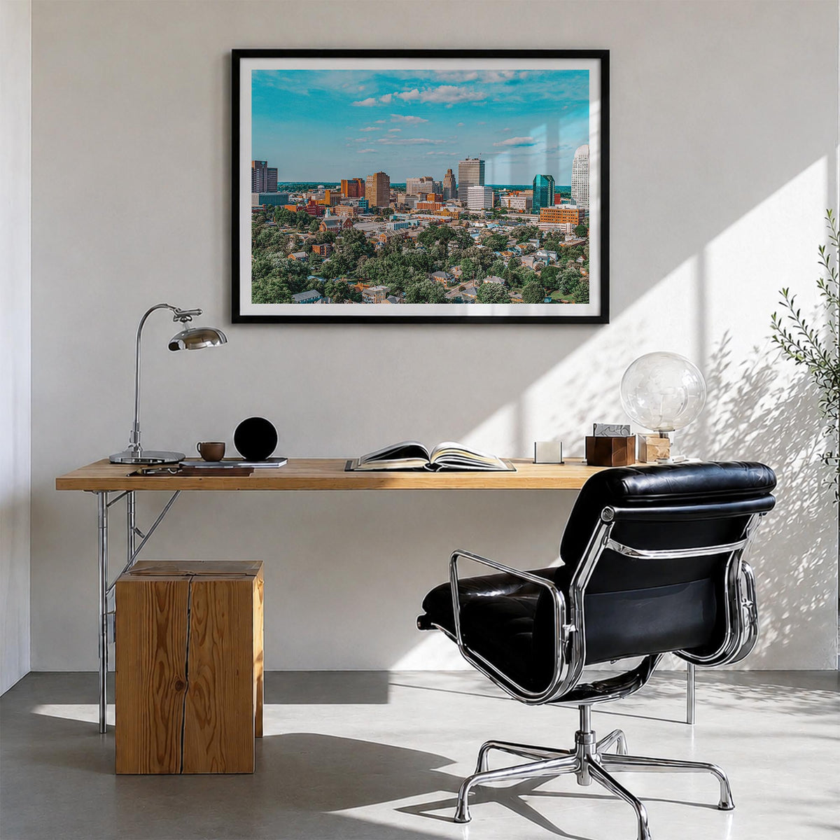 Winston-Salem colorful photo poster of North Carolina, USA – horizontal wall art in black wood frame with white border, hangi