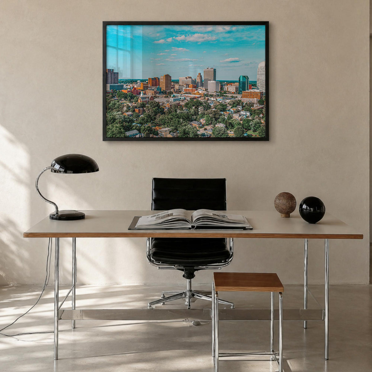 Winston-Salem colorful photo poster of North Carolina, USA – horizontal wall art in black wood frame, hanging on wall
