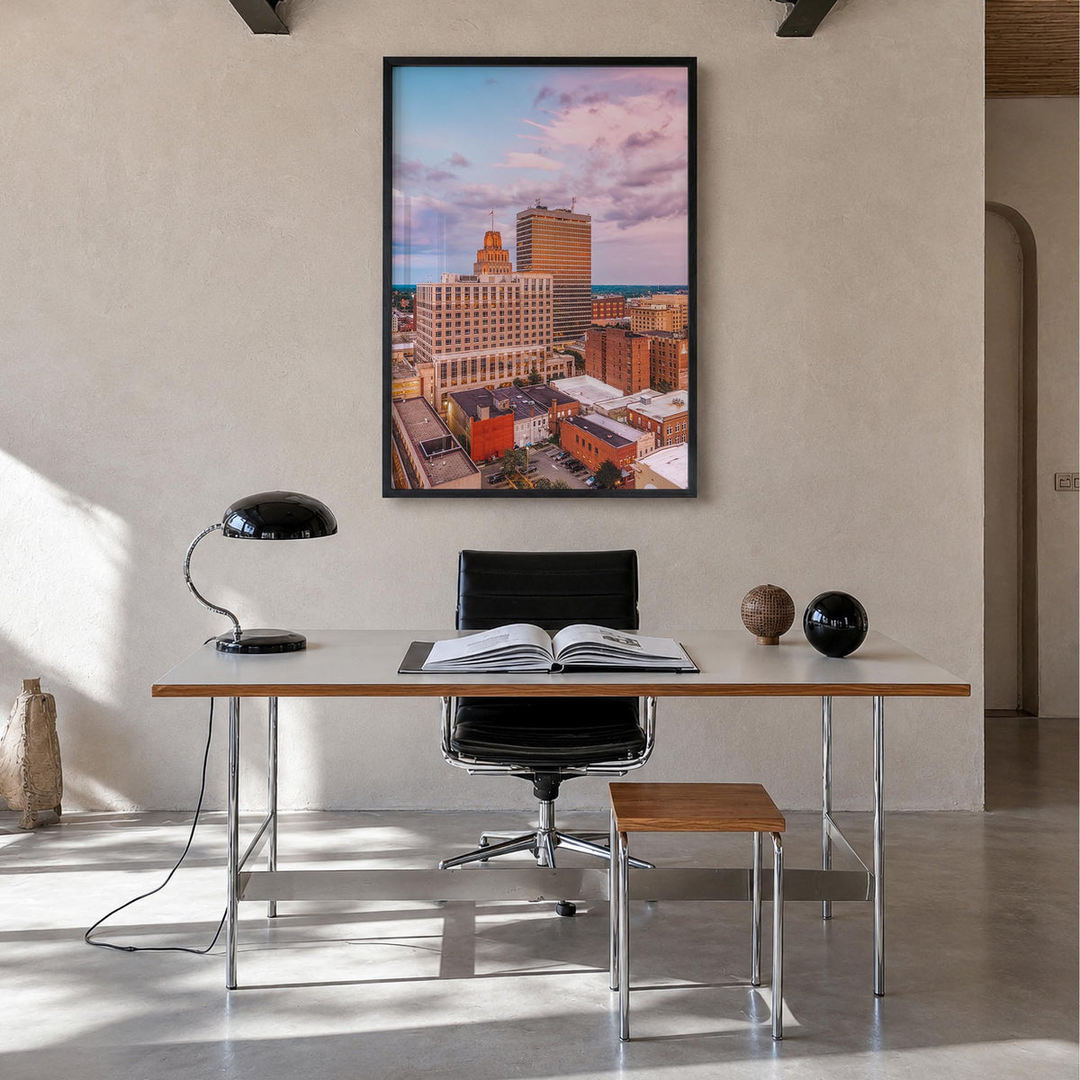 Winston-Salem colorful photo poster of North Carolina, USA – vertical wall art in black wood frame, hanging on wall