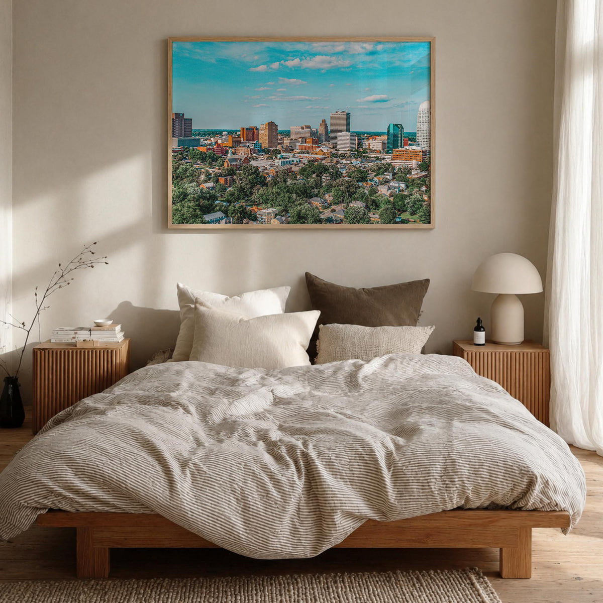 Winston-Salem colorful photo poster of North Carolina, USA – horizontal wall art in natural wood frame, hanging on wall