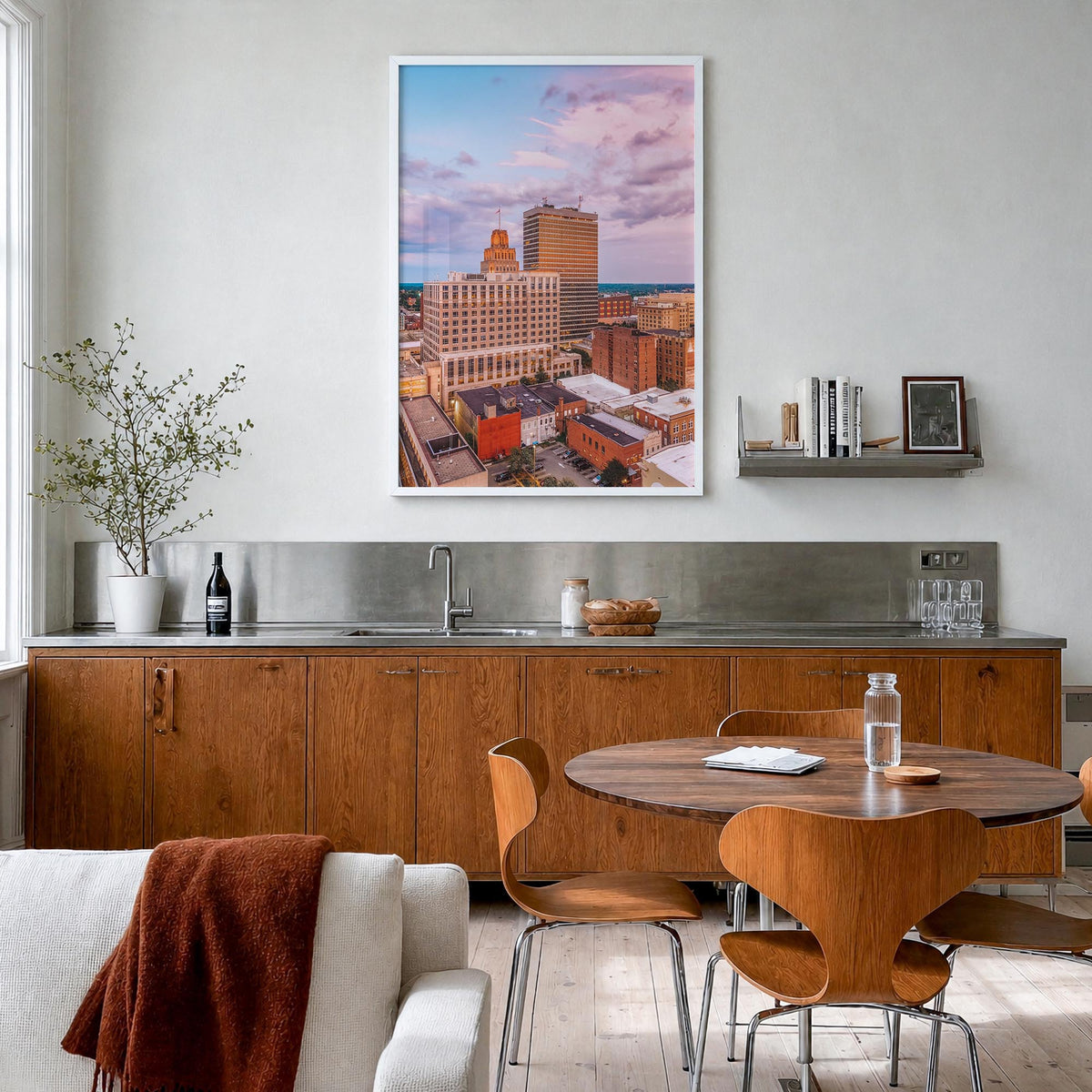Winston-Salem colorful photo poster of North Carolina, USA – vertical wall art in white wood frame, hanging on wall