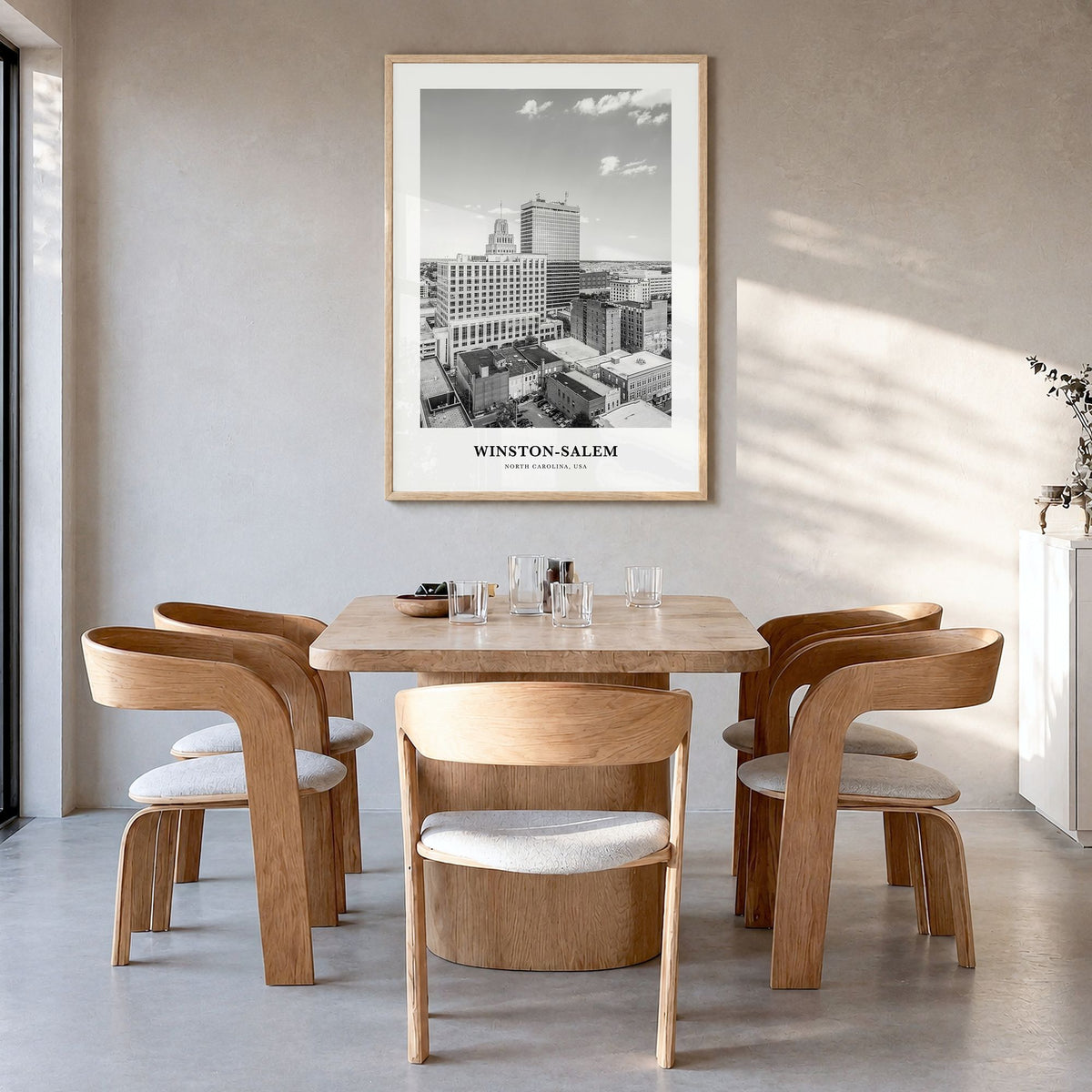 Winston-Salem Classic Poster in a natural wood frame, hanging in a dining room