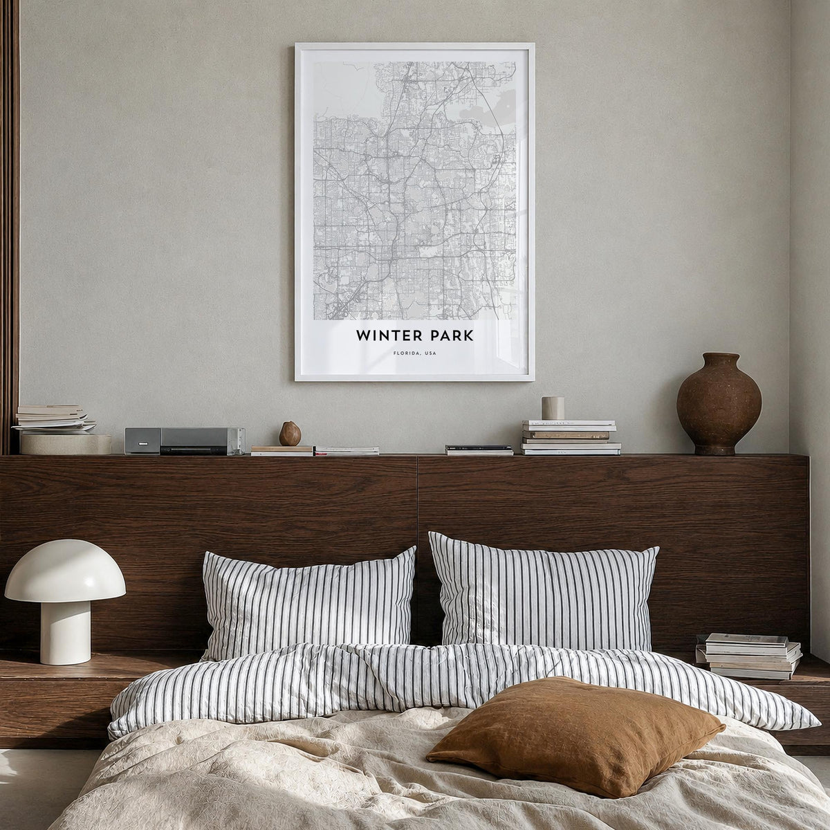 Winter Park black & white map poster of Colorado, USA – vertical wall art in white wood frame, hanging on wall