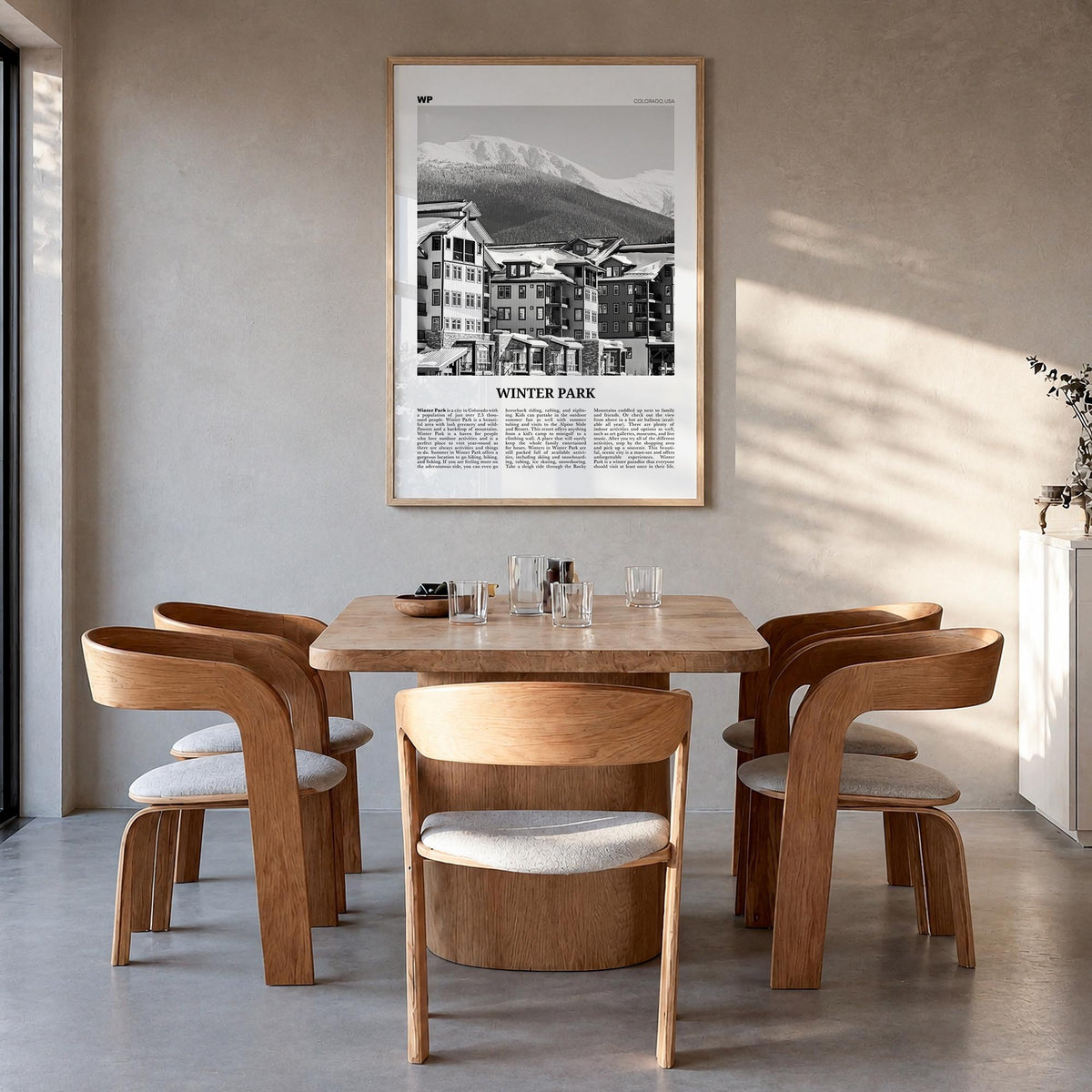Winter Park black & white newspaper poster of Colorado, USA – vertical wall art in natural wood frame, hanging on wall