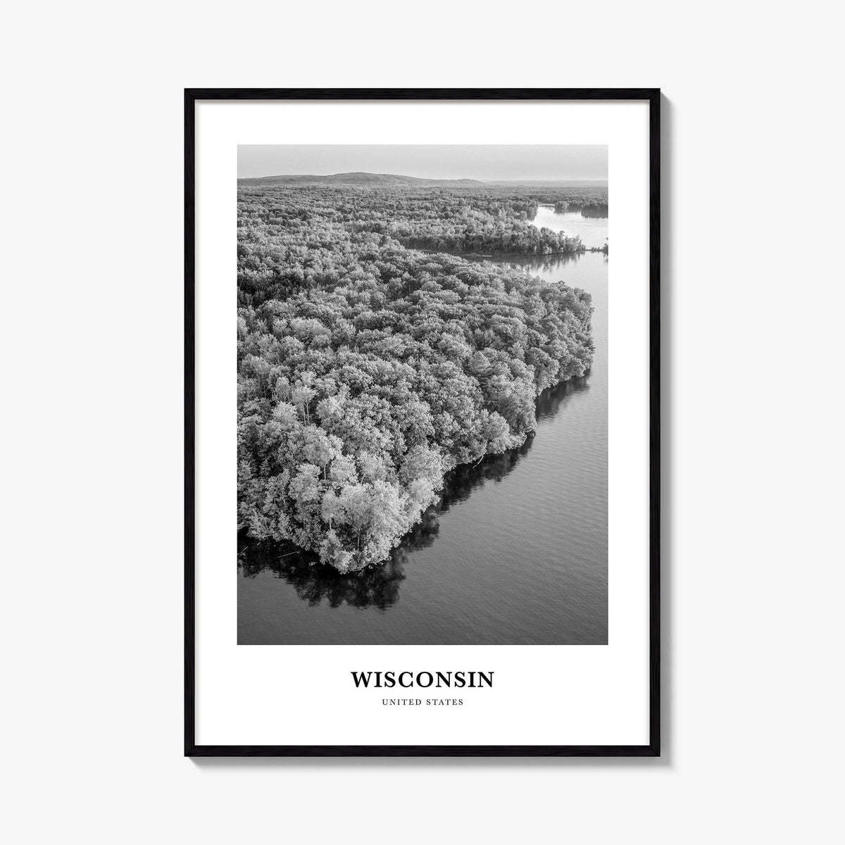 Wisconsin black & white classic poster of United States – vertical wall art, unframed print shown in interior mockup