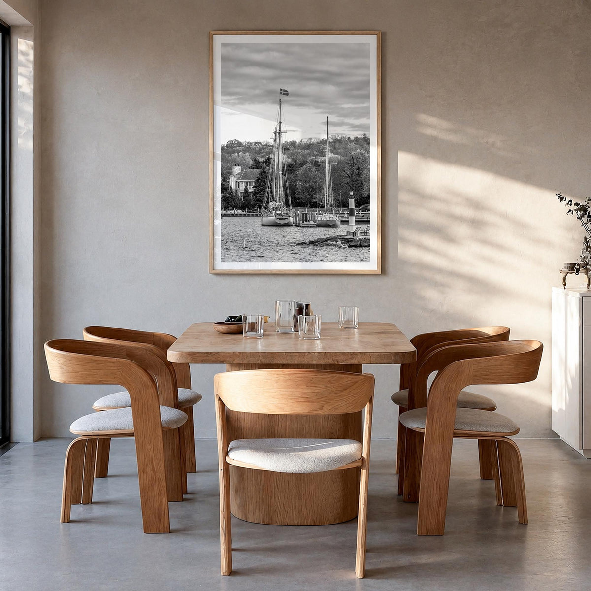 Wisconsin black & white photo poster of United States – vertical wall art in natural wood frame with white border, hanging on