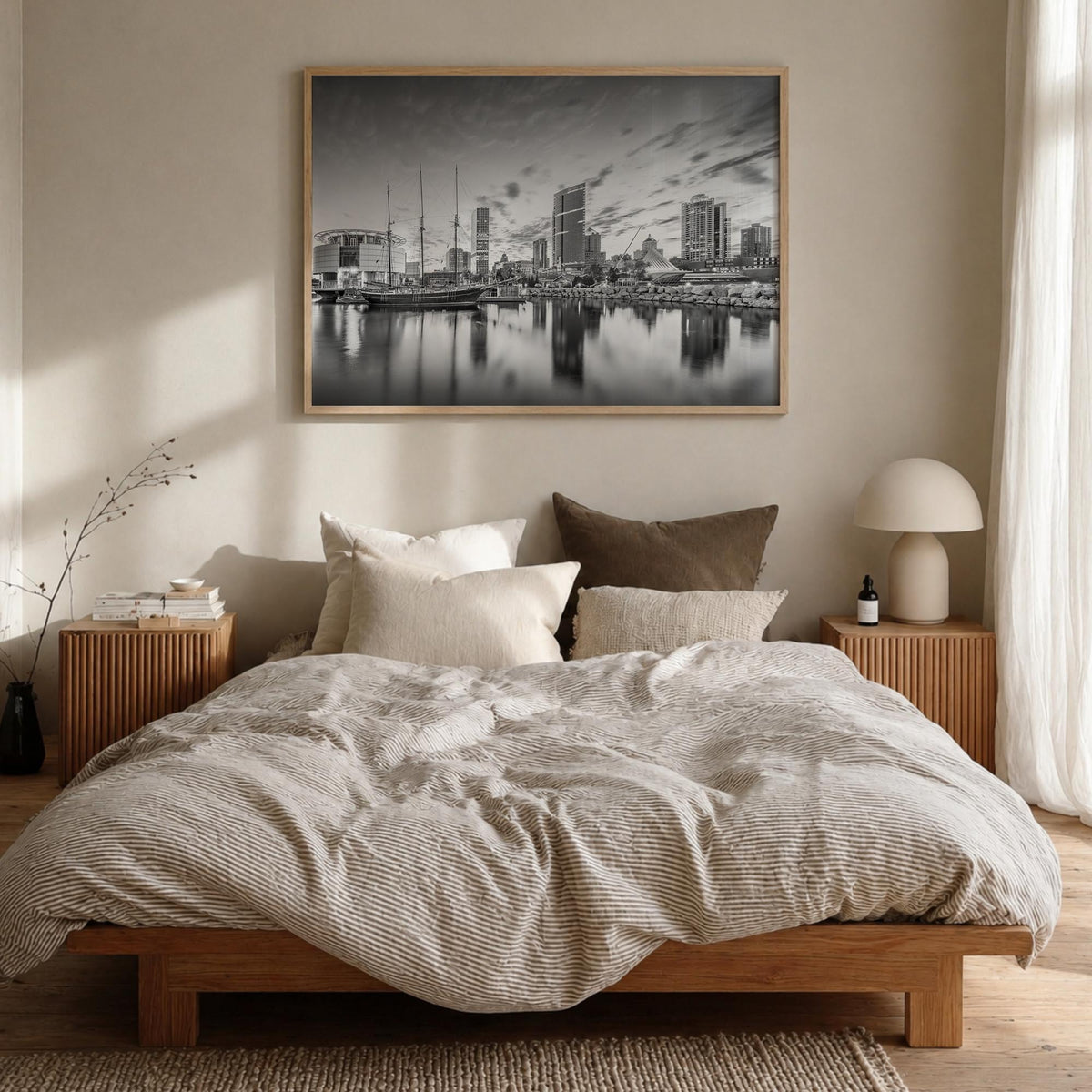 Wisconsin black & white photo poster of United States – horizontal wall art in natural wood frame, hanging on wall