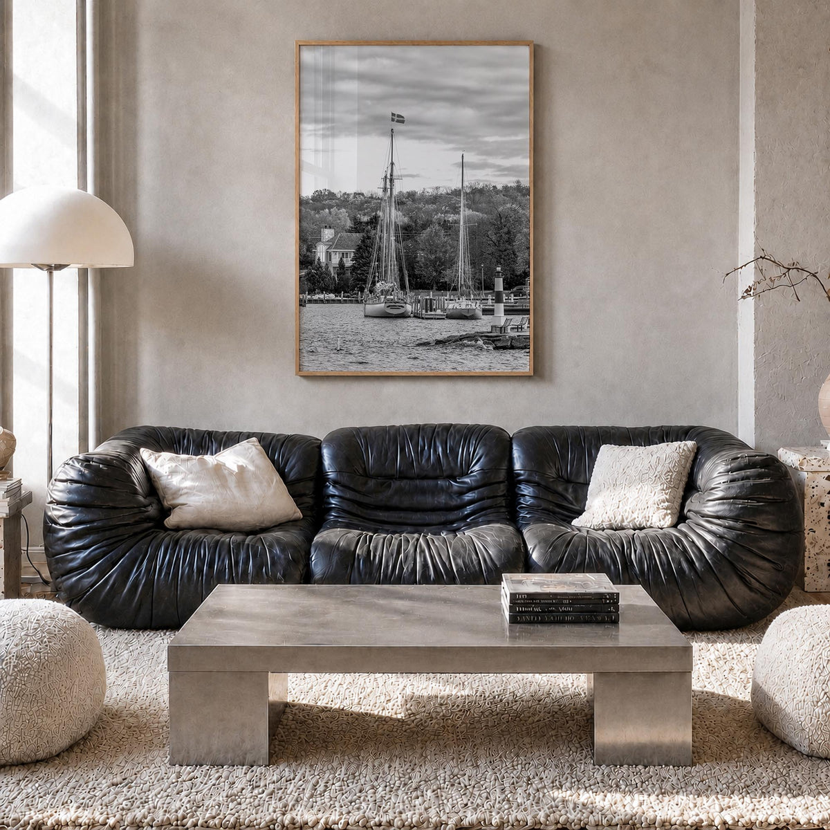 Wisconsin black & white photo poster of United States – vertical wall art in natural wood frame, hanging on wall