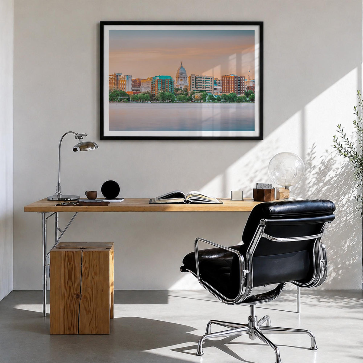 Wisconsin colorful photo poster of United States – horizontal wall art in black wood frame with white border, hanging on wall