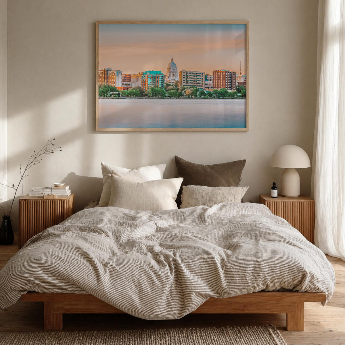 Wisconsin colorful photo poster of United States – horizontal wall art in natural wood frame, hanging on wall