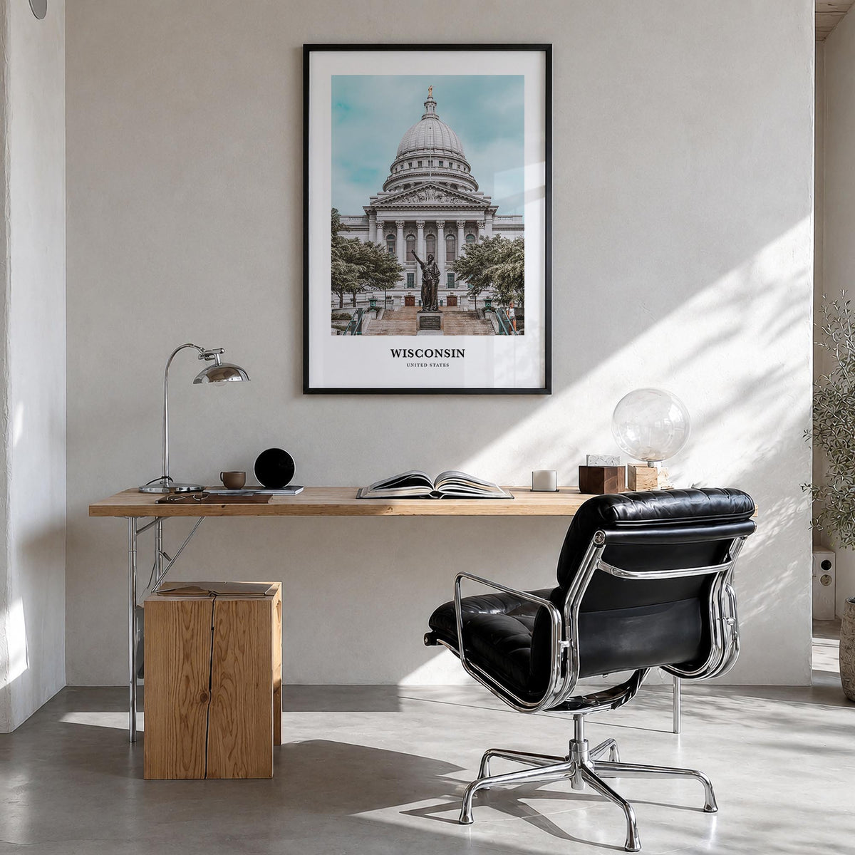 Wisconsin no. 1 colorful classic poster of United States – vertical wall art in black wood frame, hanging on wall