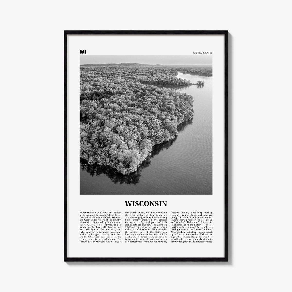 Wisconsin no. 2 black & white newspaper poster of United States – vertical wall art, unframed print shown in interior mockup