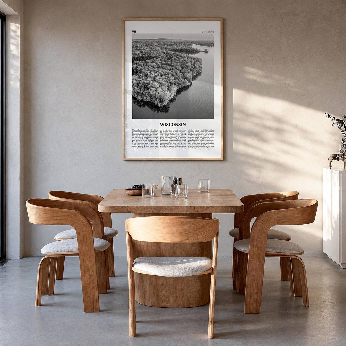 Wisconsin no. 2 black & white newspaper poster of United States – vertical wall art in natural wood frame, hanging on wall