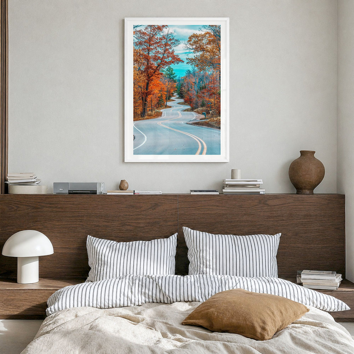 Wisconsin Photo No 2 Poster in a white wood frame, hanging in a bedroom, white border
