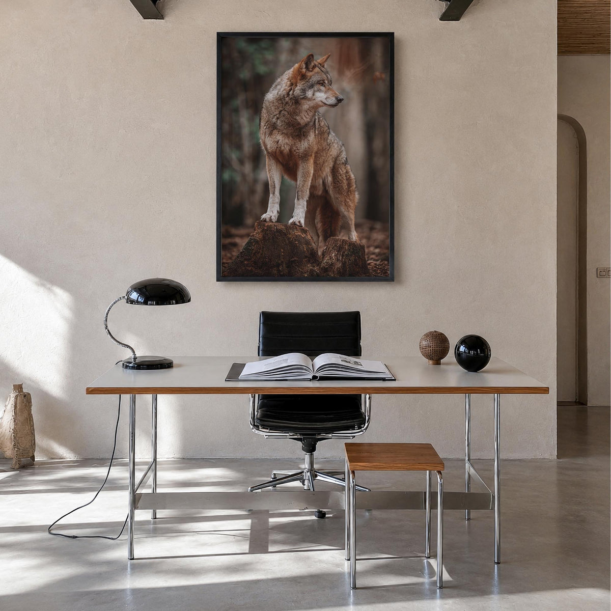 Wolf no. 1 colorful photo poster – vertical wall art in black wood frame, hanging on wall