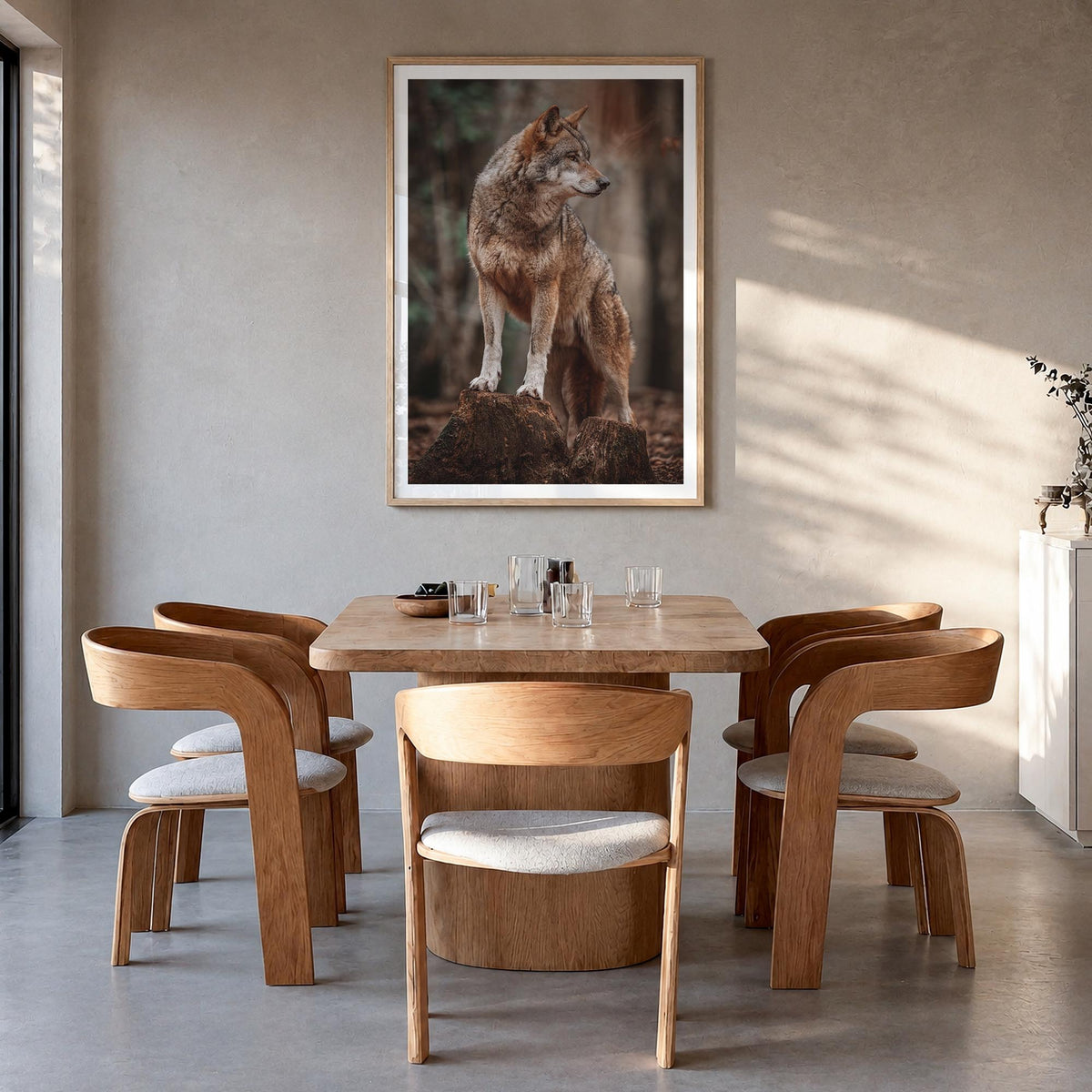 Wolf no. 1 colorful photo poster – vertical wall art in natural wood frame with white border, hanging on wall