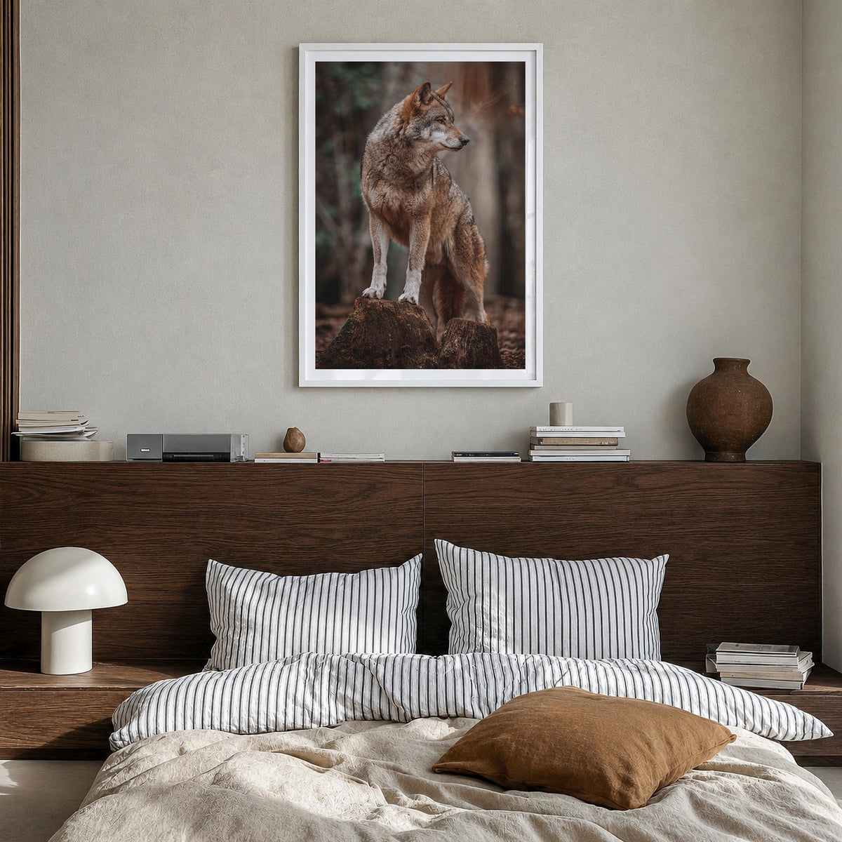 Wolf no. 1 colorful photo poster – vertical wall art in white wood frame with white border, hanging on wall