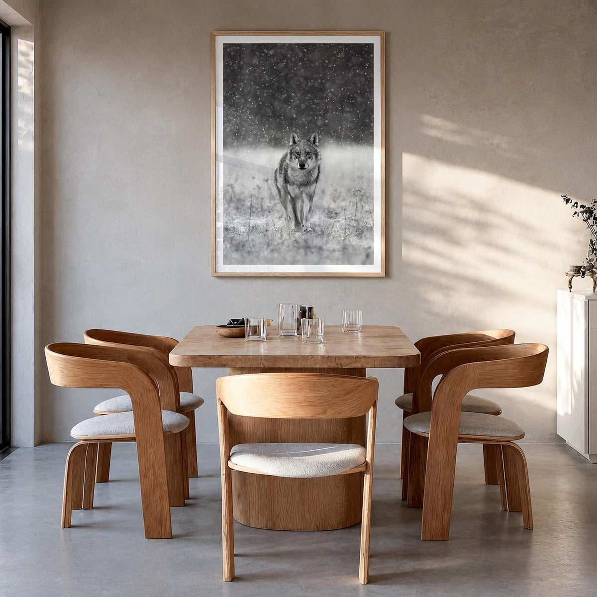 Wolf black & white photo poster – vertical wall art in natural wood frame with white border, hanging on wall