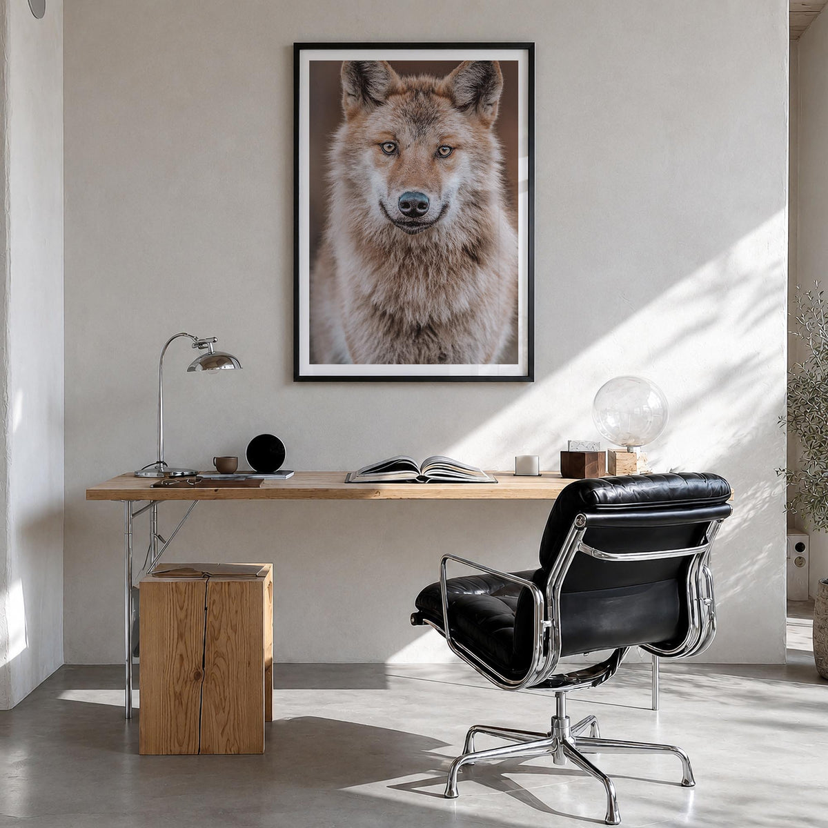 Wolf no. 2 colorful photo poster – vertical wall art in black wood frame with white border, hanging on wall