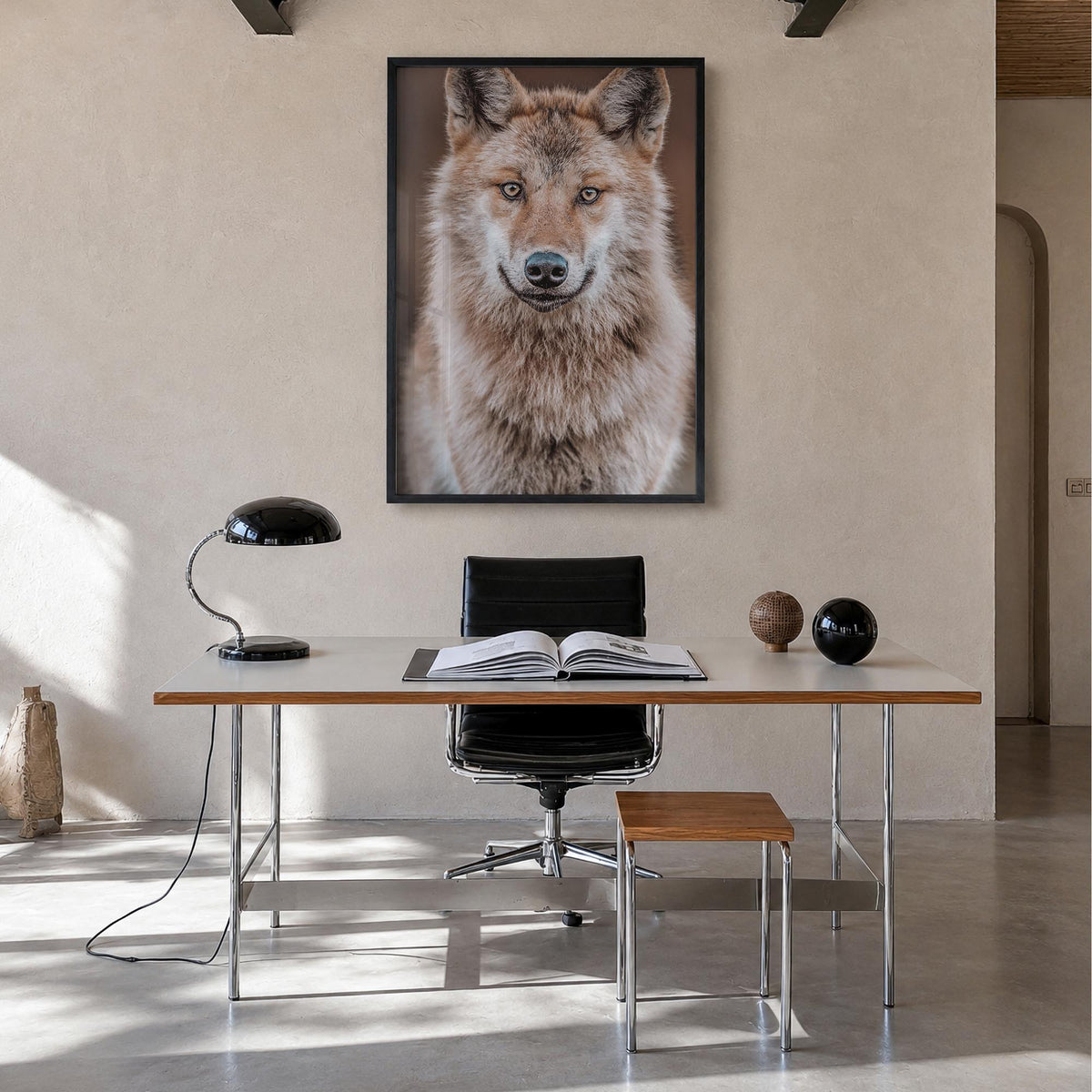 Wolf no. 2 colorful photo poster – vertical wall art in black wood frame, hanging on wall