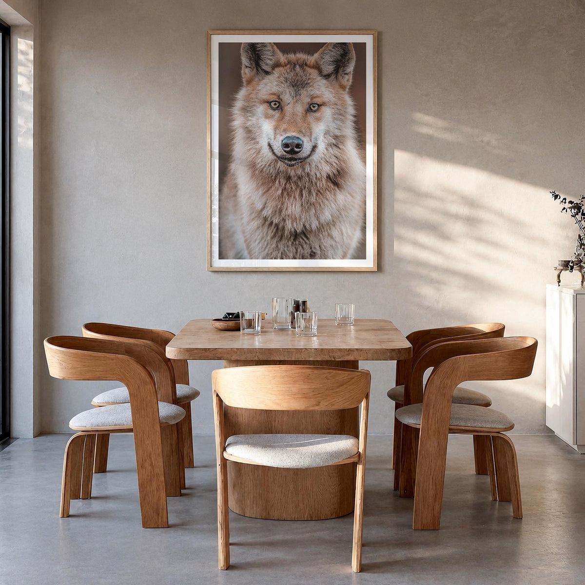 Wolf no. 2 colorful photo poster – vertical wall art in natural wood frame with white border, hanging on wall