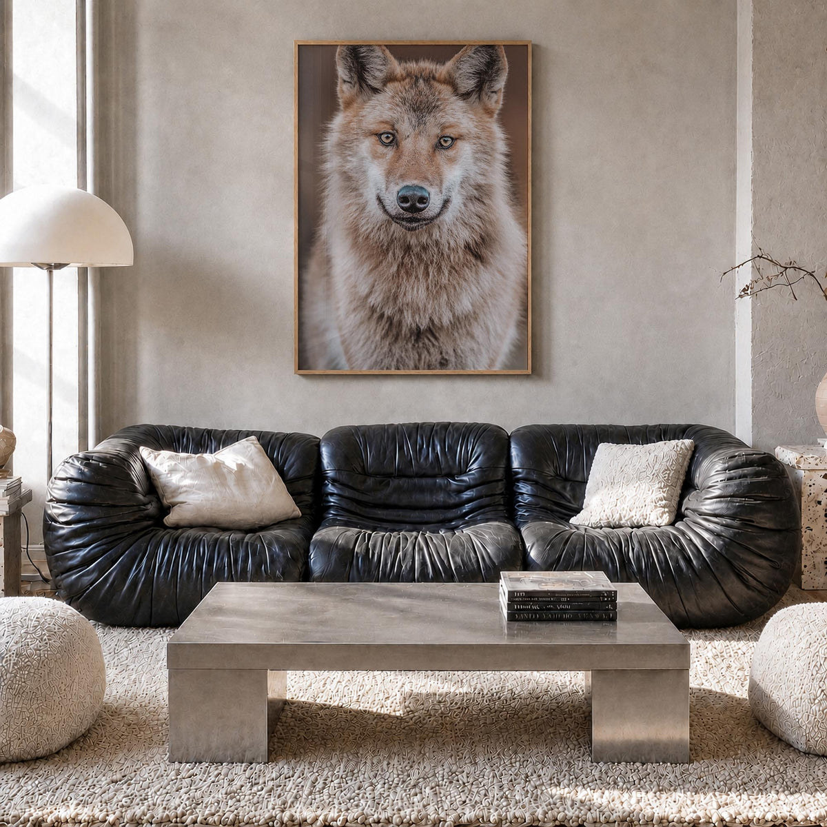 Wolf no. 2 colorful photo poster – vertical wall art in natural wood frame, hanging on wall