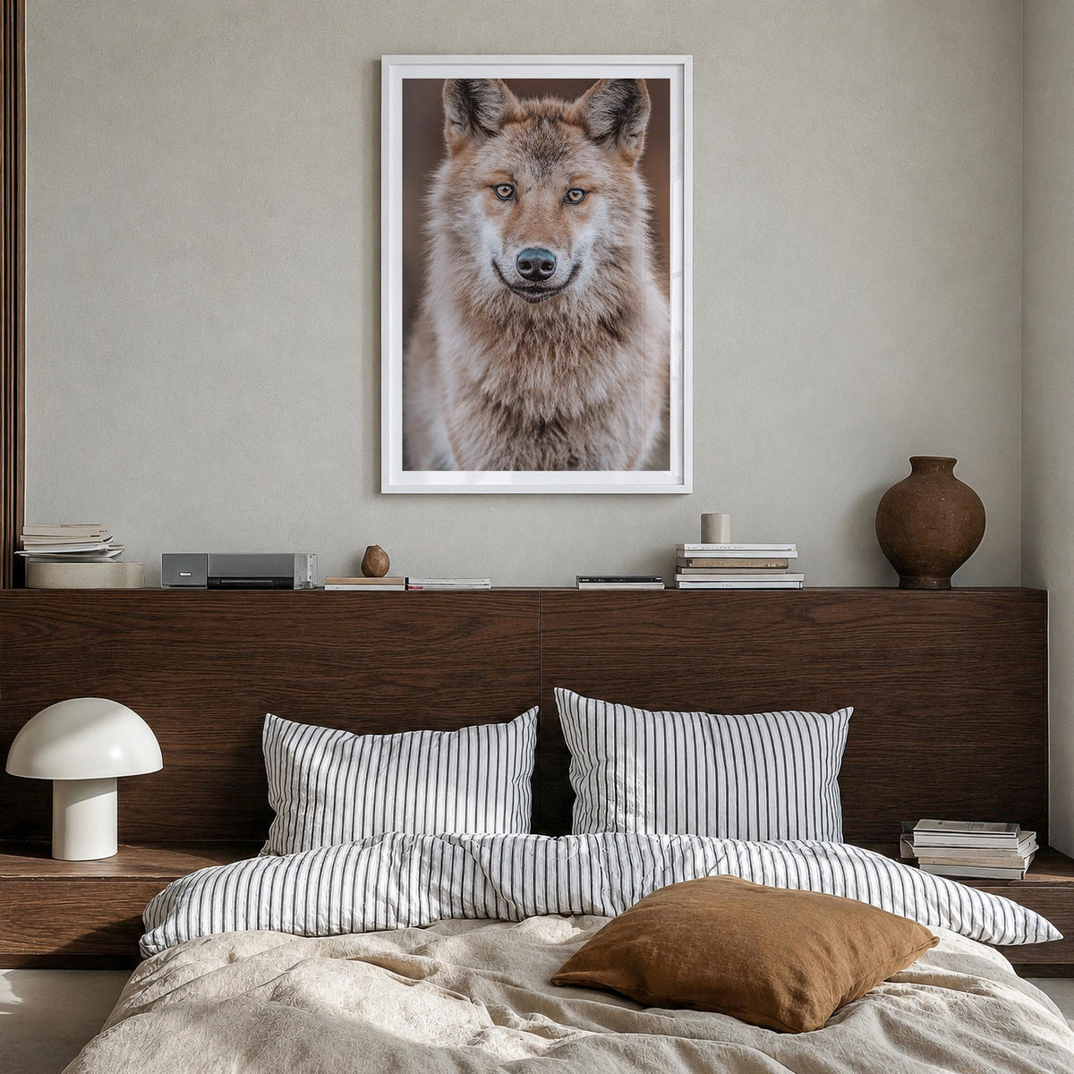Wolf no. 2 colorful photo poster – vertical wall art in white wood frame with white border, hanging on wall