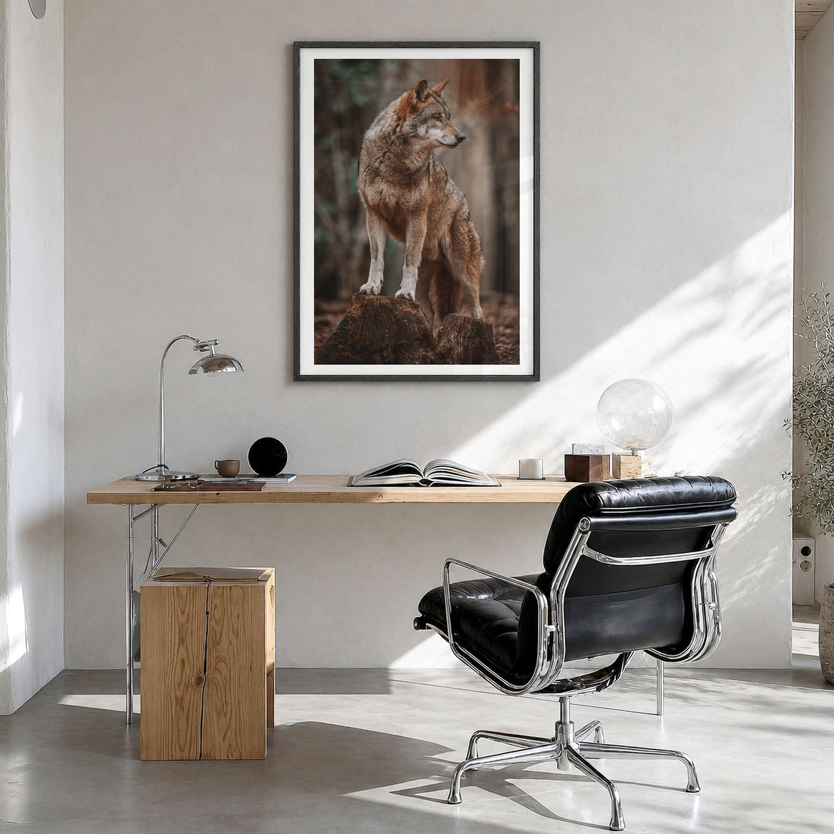 Wolf Photo No 1 Poster in a black wood frame, hanging in a bright home office, white border