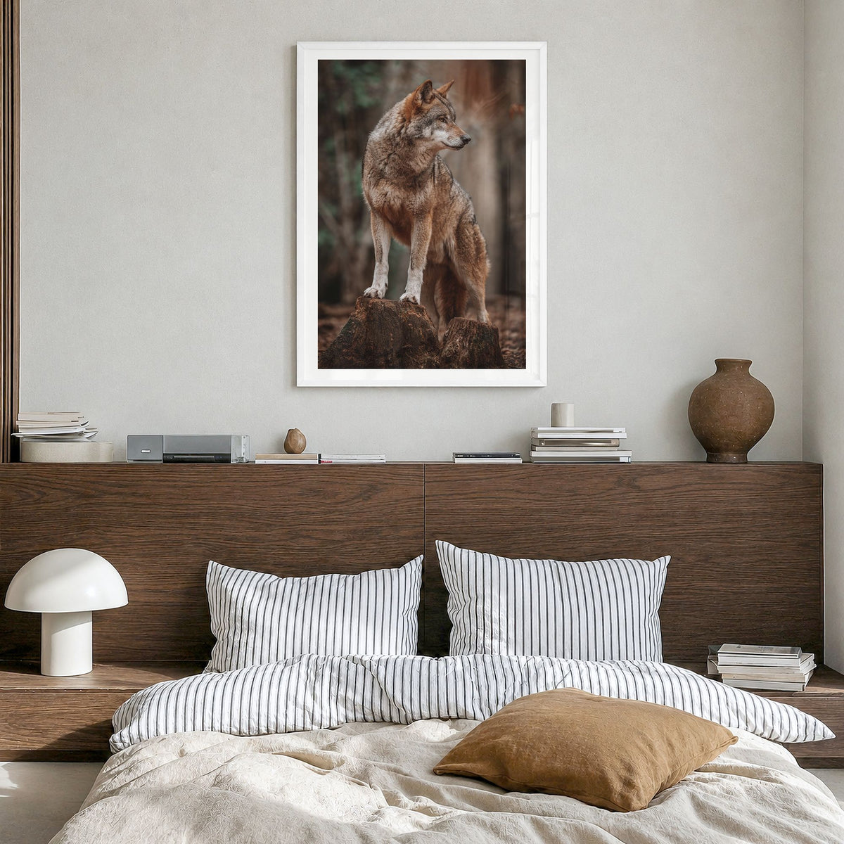 Wolf Photo No 1 Poster in a white wood frame, hanging in a bedroom, white border